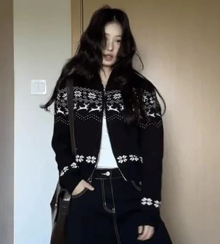Streetwear Women Double Zipper Vintage Print Knitwear Slim Harajuku Casual Grunge Sweater Female Y2k Aesthetic Knitted Cardigans