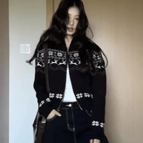 Load image into Gallery viewer, Streetwear Women Double Zipper Vintage Print Knitwear Slim Harajuku Casual Grunge Sweater Female Y2k Aesthetic Knitted Cardigans
