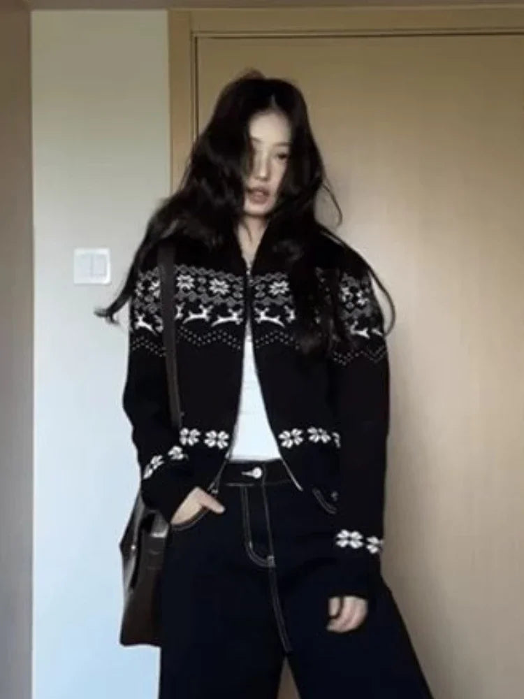 Streetwear Women Double Zipper Vintage Print Knitwear Slim Harajuku Casual Grunge Sweater Female Y2k Aesthetic Knitted Cardigans
