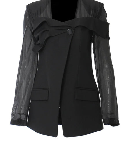 Women Black Mesh Perspective Elegant Blazer New Square Collar Long Sleeve Jacket Fashion Tide Spring Autumn 2025 1DH3990