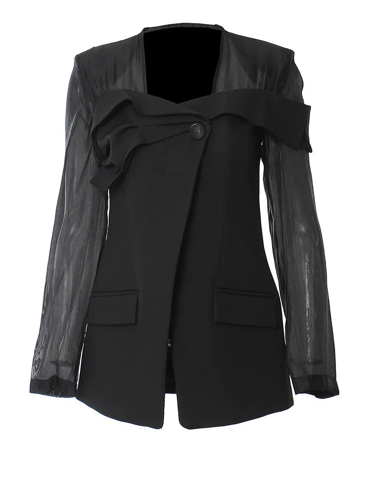 Women Black Mesh Perspective Elegant Blazer New Square Collar Long Sleeve Jacket Fashion Tide Spring Autumn 2025 1DH3990