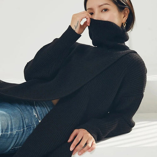 Load image into Gallery viewer, Knitting Minimalist Sweater For Women Turtleneck Long Sleeve Solid Asymmetrical Split Pullover Female Clothing
