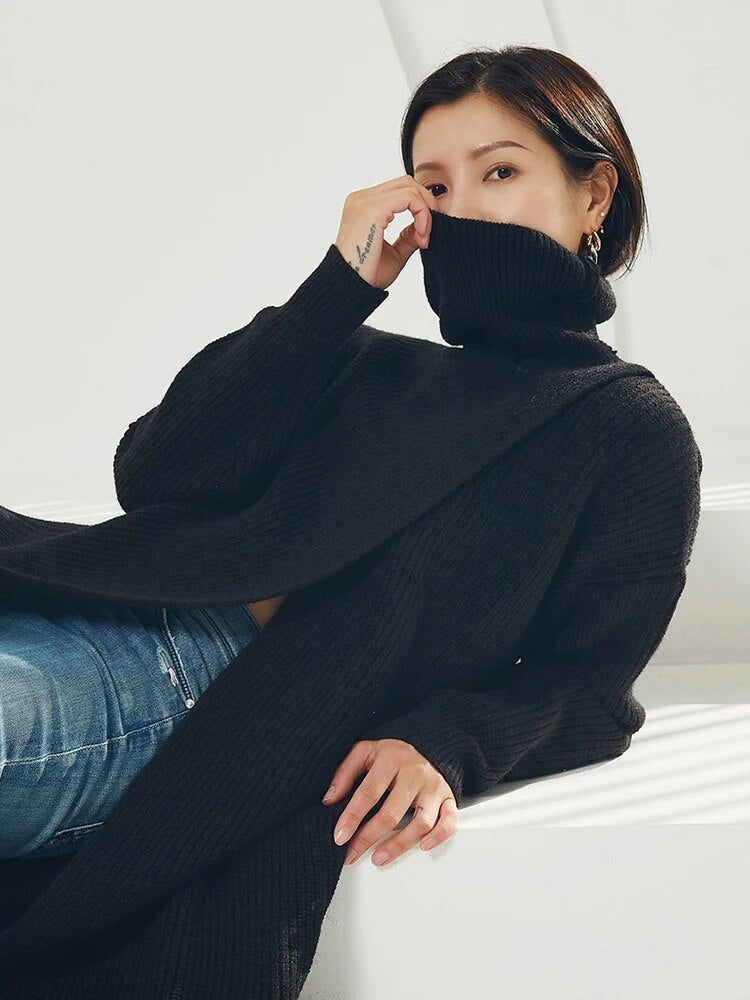 Knitting Minimalist Sweater For Women Turtleneck Long Sleeve Solid Asymmetrical Split Pullover Female Clothing