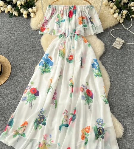Women Black Flower Vacation Temperament Long Dress Summer White Print Off Shoulderslim High Waist Party Dress Popular Robe Boho