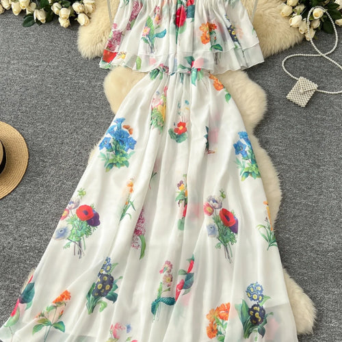 Load image into Gallery viewer, Women Black Flower Vacation Temperament Long Dress Summer White Print Off Shoulderslim High Waist Party Dress Popular Robe Boho
