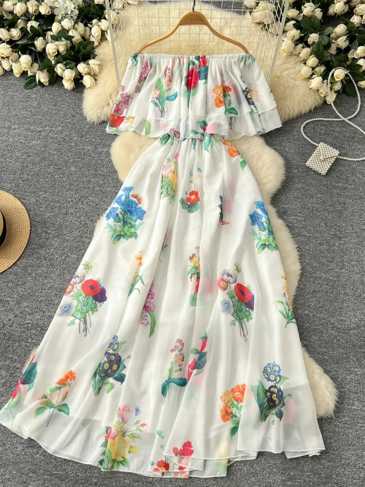 Women Black Flower Vacation Temperament Long Dress Summer White Print Off Shoulderslim High Waist Party Dress Popular Robe Boho