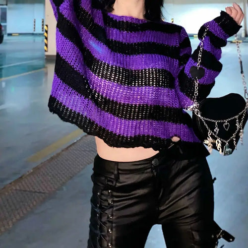 Load image into Gallery viewer, Striped Women's Crop Sweater Punk Streetwear Korean Style Hole Thin Knitted  Gothic Long Sleeve Y2k Pullover
