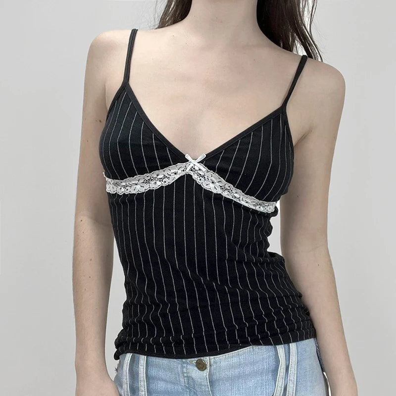 Fashion V Neck Stripe Lace Trim Bow Summer Crop Top Women Slim Chic Y2K Outfits Camisole Sleeveless Sexy Elegant New