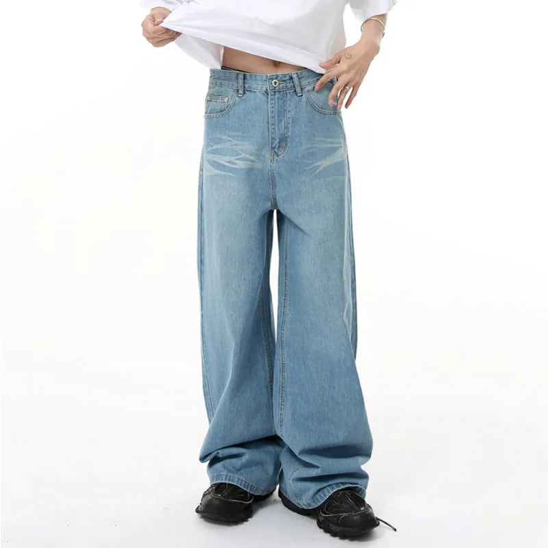 Men's Jeans New Korean Washed Stripe Wide Leg Style Drape Simple Fashion Menwear Simple Male Bottoms Summer 2025 9W1693