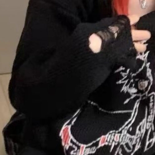 Load image into Gallery viewer, Autumn Gothic Black Hole Sweater Women Cartoon Embroidery Y2k Aesthetic Grunge Pullover Casual Loose Streetwear Oversized Jumper
