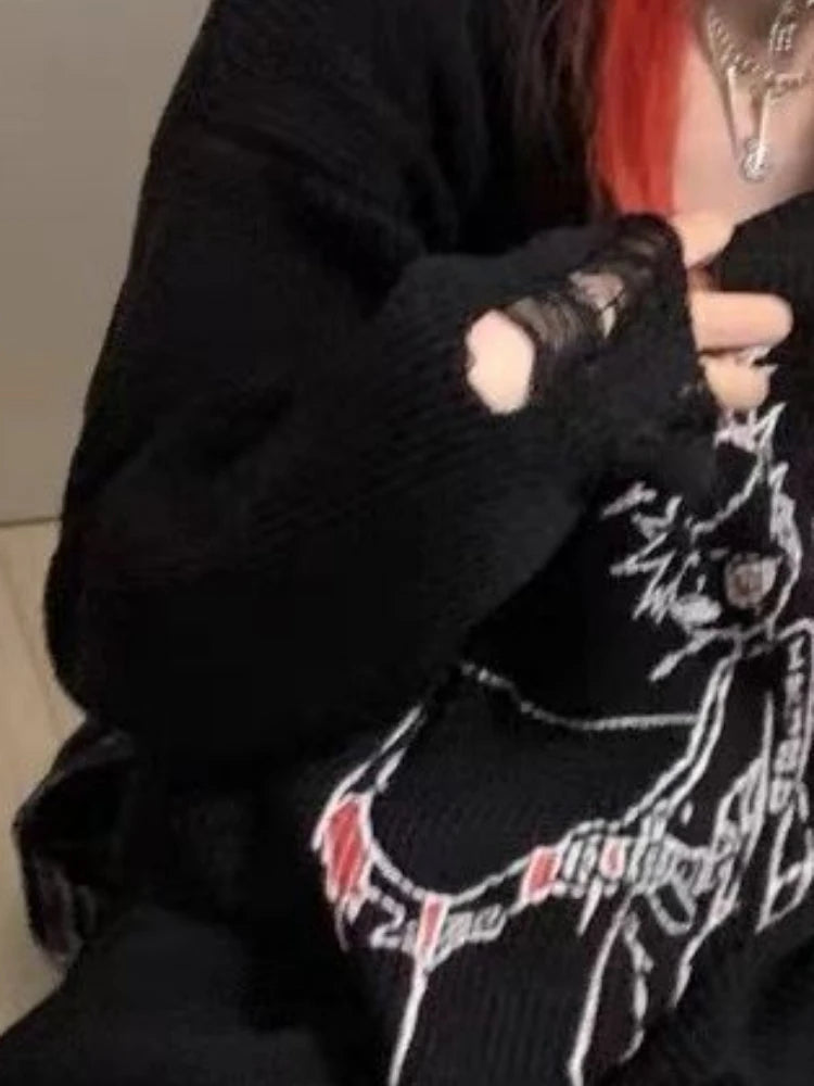 Autumn Gothic Black Hole Sweater Women Cartoon Embroidery Y2k Aesthetic Grunge Pullover Casual Loose Streetwear Oversized Jumper