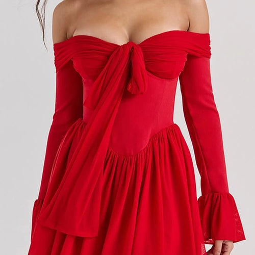 Load image into Gallery viewer, Elegant Strapless Backless Sexy Mini Dress For Women Red Off-shoulder Long Flare Sleeve Pleated Club Party Dress 2024
