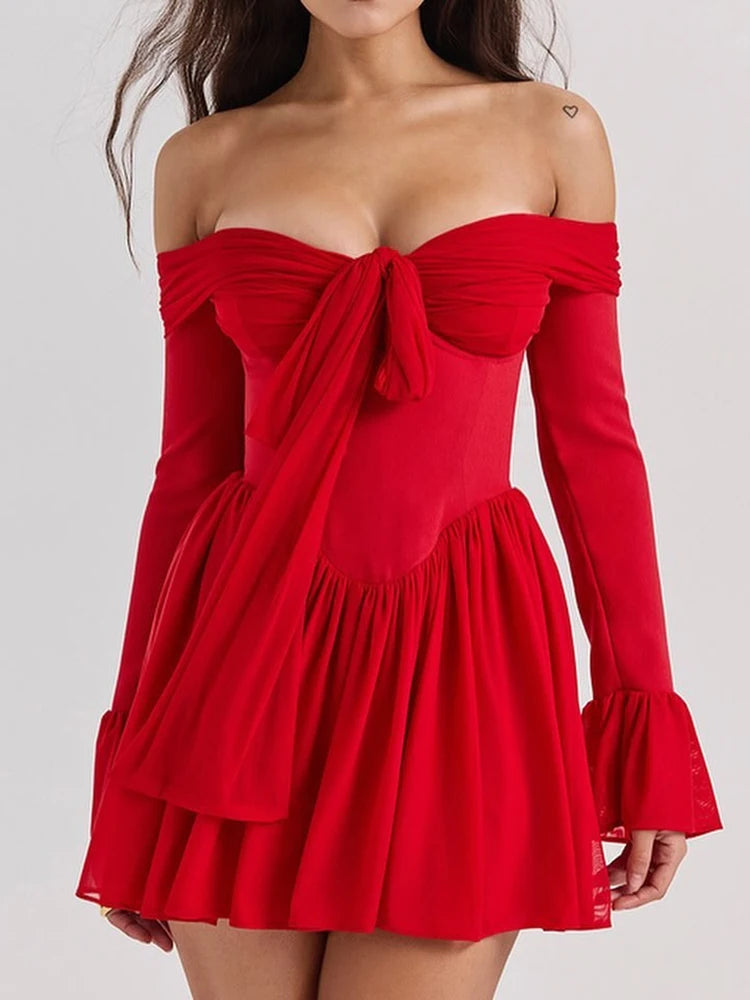 Elegant Strapless Backless Sexy Mini Dress For Women Red Off-shoulder Long Flare Sleeve Pleated Club Party Dress 2024