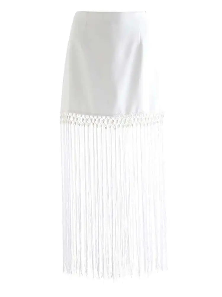 High Waist Black White Nailed Tassels Elegant A-line Half-body Skirt Women Fashion Tide New Spring Autumn 2025 1DH9909