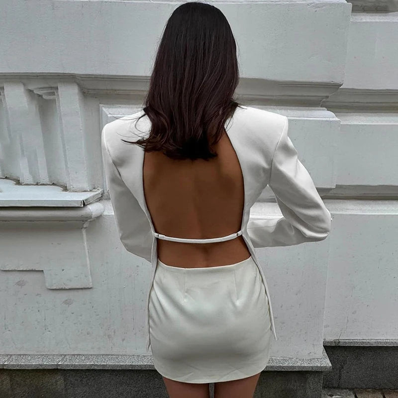 Autumn Long Sleeve Blazer Women Fashion Notched Collar Backless Pocket Suit Jacket Ladies Winter Elegant Blazers