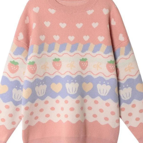 Load image into Gallery viewer, Pink Cartoon Strawberry Embroidery Sweaters Sweet Style Knit Pullovers Women Winter Thick Warm Christmas Sweater Jumpers Girls
