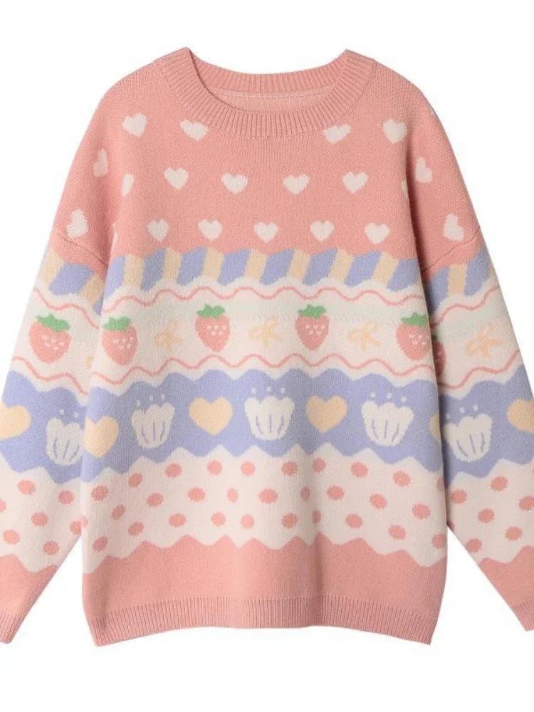 Pink Cartoon Strawberry Embroidery Sweaters Sweet Style Knit Pullovers Women Winter Thick Warm Christmas Sweater Jumpers Girls