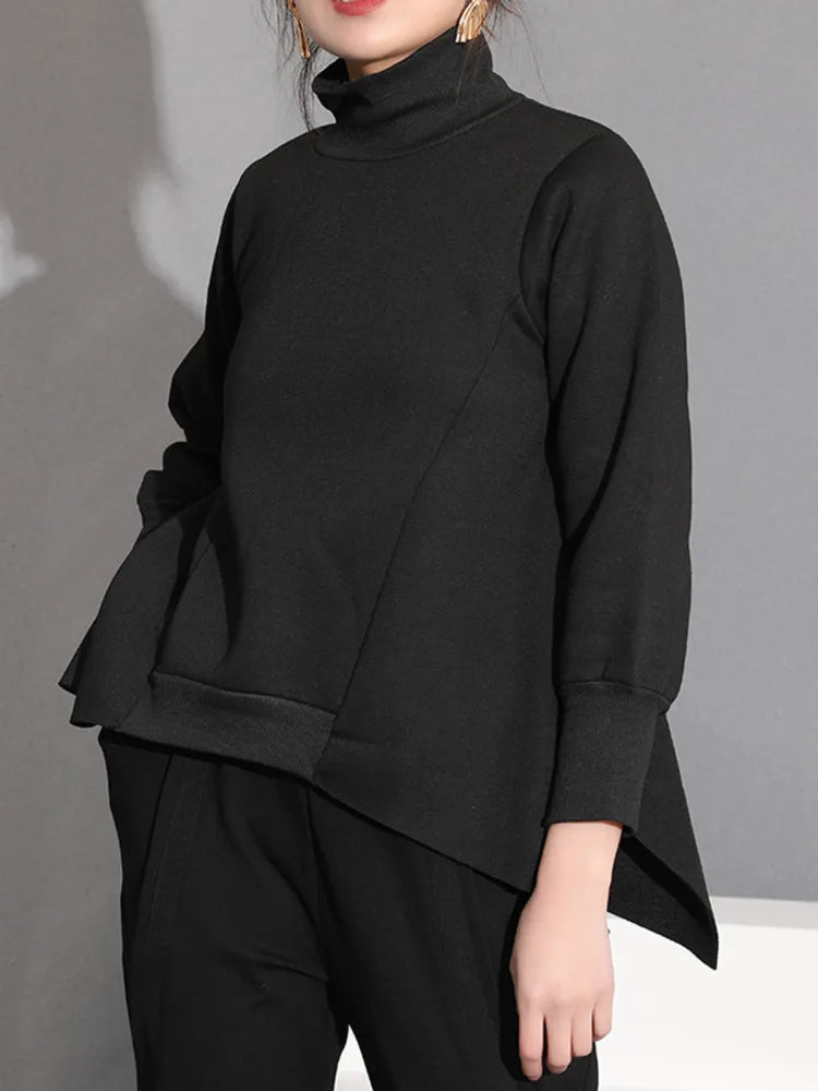Loose Black Irregular Sweatshirt New Turtleneck Long Sleeve Women Big Size Fashion Tide Spring Autumn 2025 WD00301
