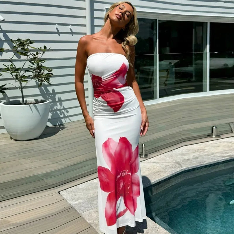 Off-shoulder Print Sexy Maxi Dress Women Gown Summer New Strapless Sleeveless Backless Bodycon Long Dress Elegant