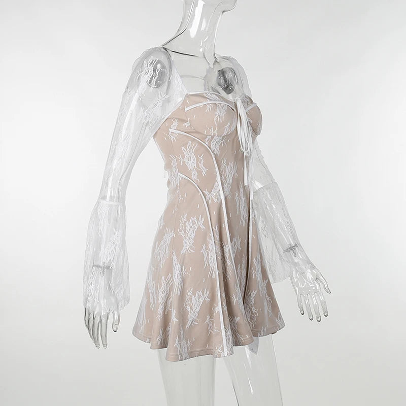 Elegant Print Mini Dress For Women Autumn Winter New Square Collar Long Sleeve Backless Loose Club Party Sexy Dress