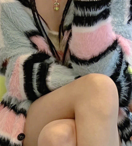 Kawaii Rainbow Striped Cardigan Women Detachable Long Sleeve Fluffy Sweater Coat Japanese Y2k All Match Kardigan Jacket