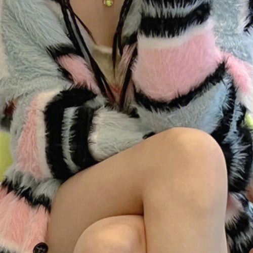 Load image into Gallery viewer, Kawaii Rainbow Striped Cardigan Women Detachable Long Sleeve Fluffy Sweater Coat Japanese Y2k All Match Kardigan Jacket
