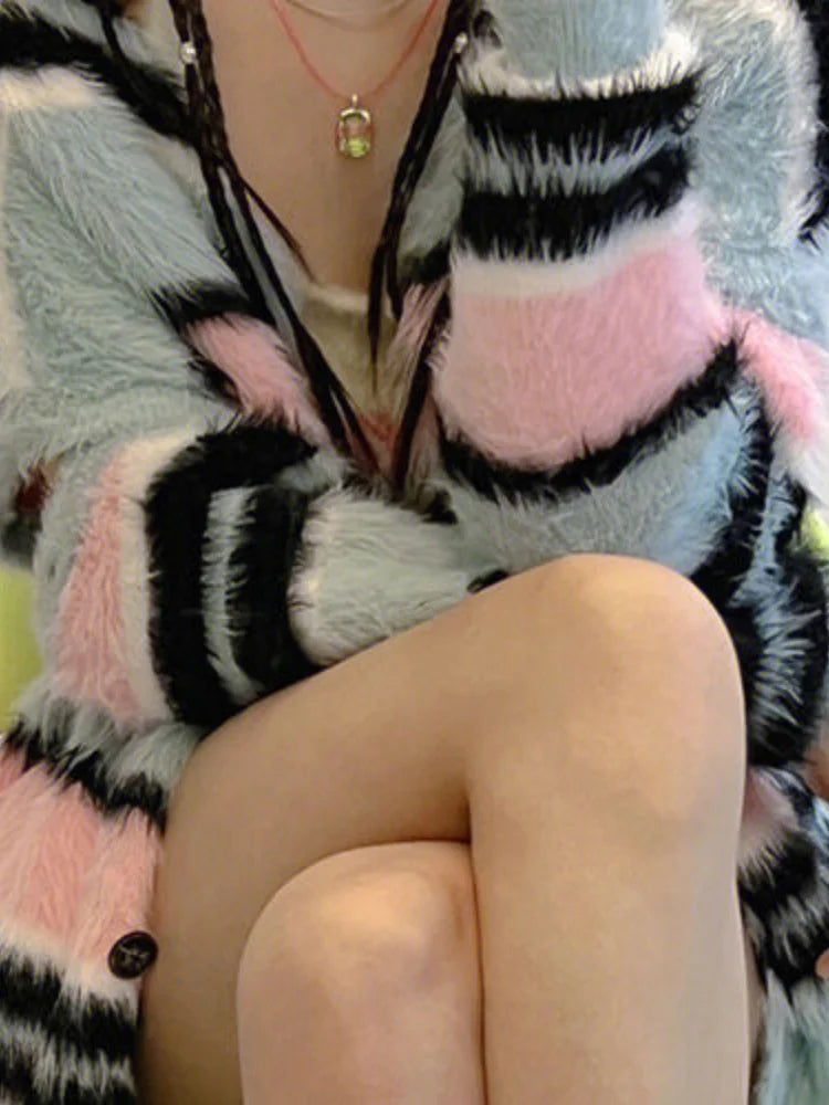 Kawaii Rainbow Striped Cardigan Women Detachable Long Sleeve Fluffy Sweater Coat Japanese Y2k All Match Kardigan Jacket