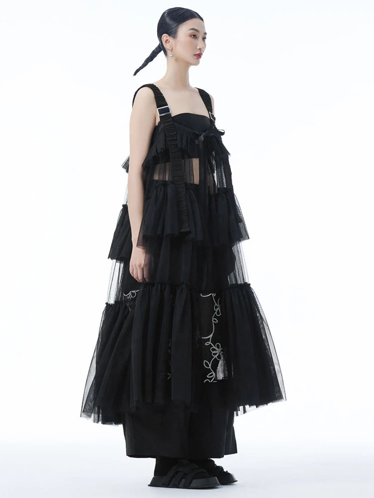 Women Black Mesh Perspective Big Size Strap Dress New Square Collar Sleeveless Fashion Tide Spring Summer 2025 1DJ1242