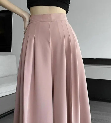 Spring Summer New Korean Women Pink Black Holiday Pleated Trousers Brown High Waist Wide Leg Long Pant Casual Streetwear 