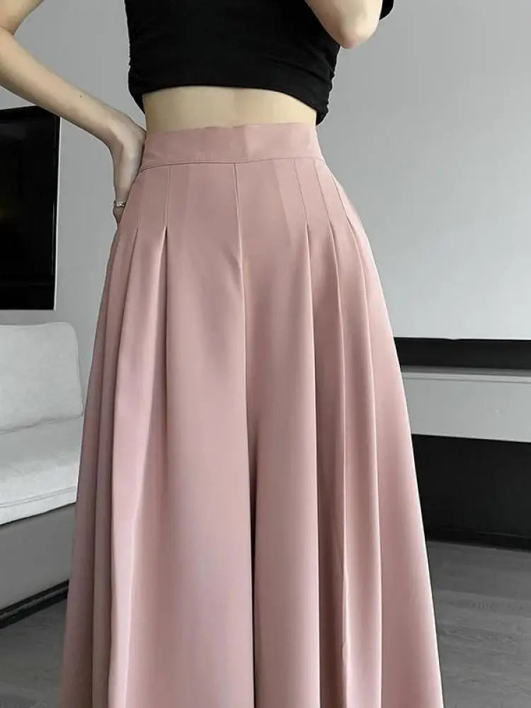 Spring Summer New Korean Women Pink Black Holiday Pleated Trousers Brown High Waist Wide Leg Long Pant Casual Streetwear 