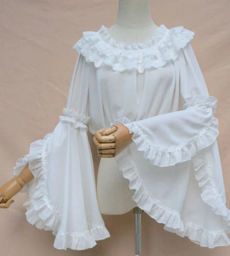 Japanese Lolita Ruffle Sleeve Blouse Women Harajuku Lace Patchwork JK Shirts Y2k Aesthetic Pleated Cropped Kawaii Tops Blusas