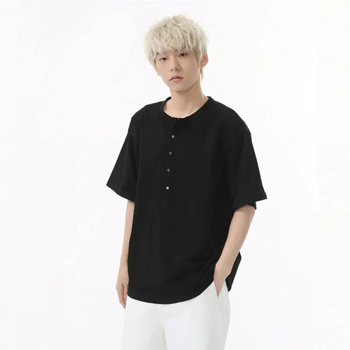 Load image into Gallery viewer, Men's Short Sleeve T-shirts New Summer Solid Color Casual Style Button Half Open Design Round Collar Loose Male Top 9W1600
