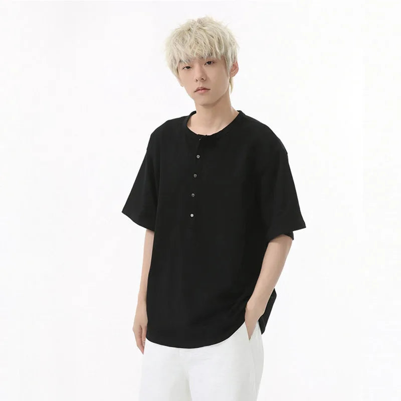 Men's Short Sleeve T-shirts New Summer Solid Color Casual Style Button Half Open Design Round Collar Loose Male Top 9W1600
