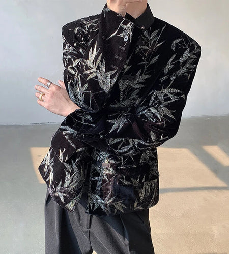 Men's Suit Coat New Spring  Embroidered Bamboo Design Leaf Chinese Style Knot Button Single Breasted Male Clothing 9W1698