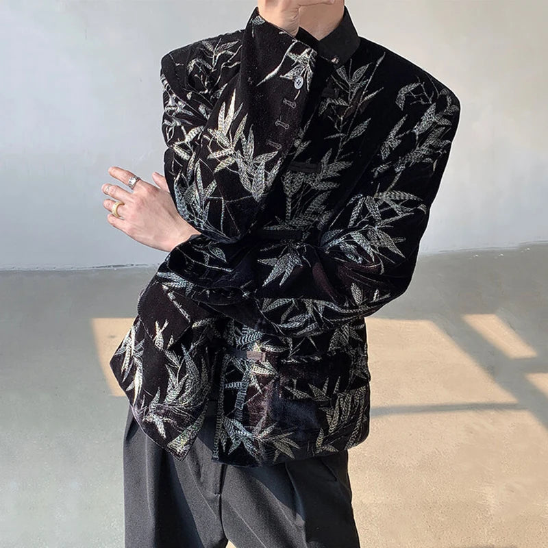 Men's Suit Coat New Spring  Embroidered Bamboo Design Leaf Chinese Style Knot Button Single Breasted Male Clothing 9W1698