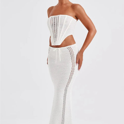 Load image into Gallery viewer, Elegant Knit Skirt Two Piece Sets Women Strapless Bandage Crop Tops And Maxi Skirt Femme Lace Up Sexy Ttwo Piece Sets
