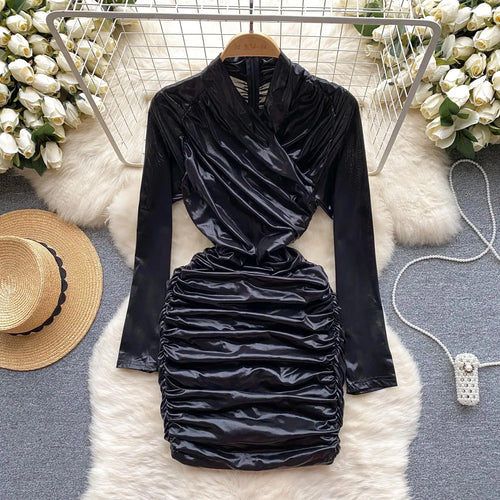 Load image into Gallery viewer, French Solid Elegant Office Ruched Holiday Party Wrapped Hip Mini Dress Women Short Pleated Zipper Evening Dress Popular Autumn
