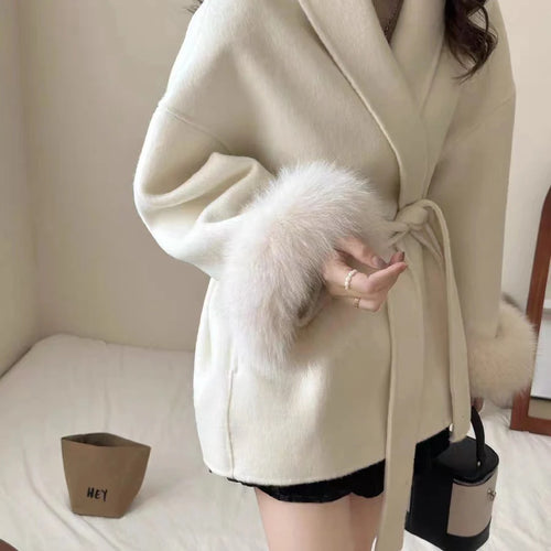 Load image into Gallery viewer, Solid Luxury Style Coats For Women Lapel Long Sleeve Patchwork Sashes Feathers Fashion Loose Jacket Female Winter
