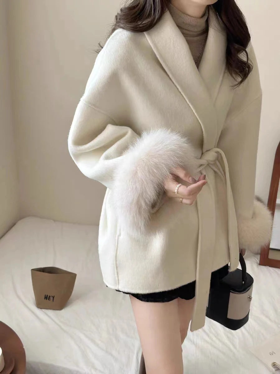 Solid Luxury Style Coats For Women Lapel Long Sleeve Patchwork Sashes Feathers Fashion Loose Jacket Female Winter