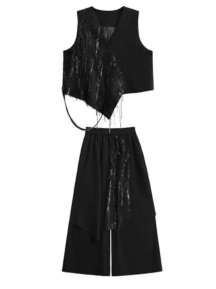Big Size Irregular Vest Sequins Wide Leg Pants Two Piece Suit New V-Neck Sleeveless Women Fashion Tide Spring Autumn 2025
