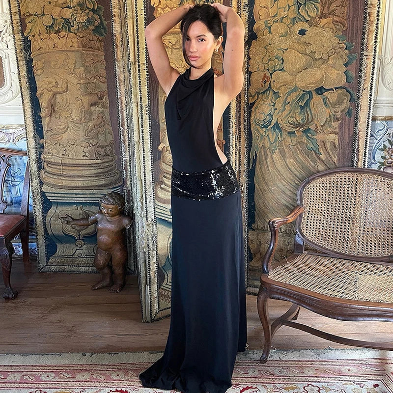 Black Halter Backless Sexy Maxi Dress For Women Gown Elegant Glitter High Waist O Neck Sleeveless Long Dress Elegant