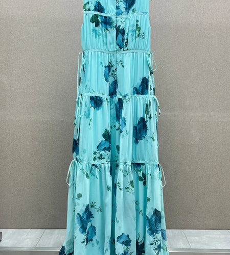 Loose Printing Spliced Folds Casual Dresses for Women Round Neck Sleeveless Patchwork Lace Up Elegant Dress Female