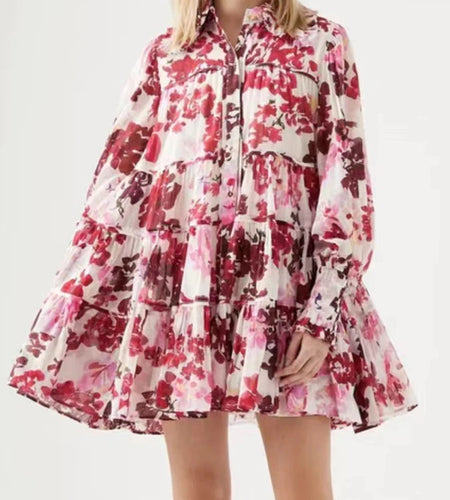 Print Floral Mini Dress For Women Lapel Lantern Sleeve High Waist Colorblock Dresses Female Clothing Summer New Fashion 2022