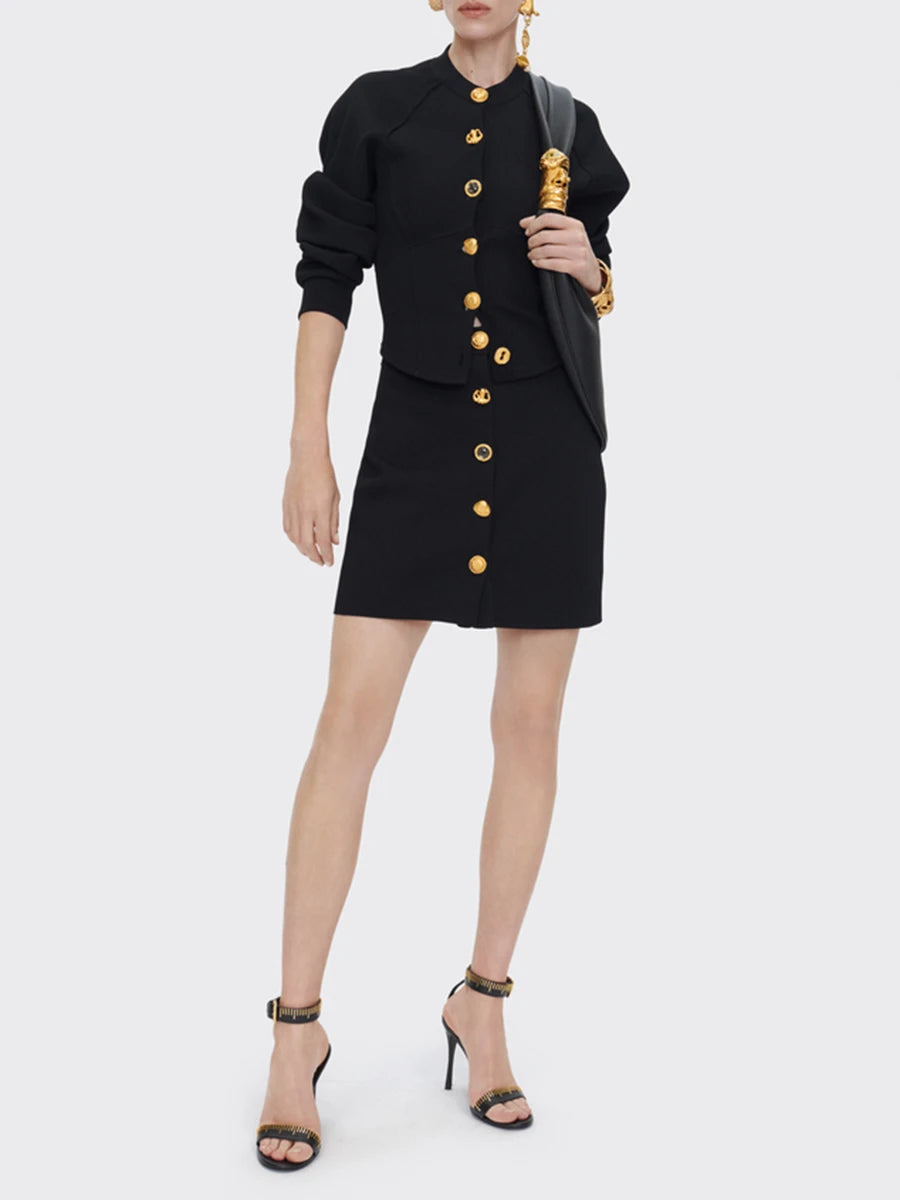 Solid Spliced Breasted Elegant Two Piece Sets for Women Round Neck Long Sleeves Top High Waist Skirt Set Female New