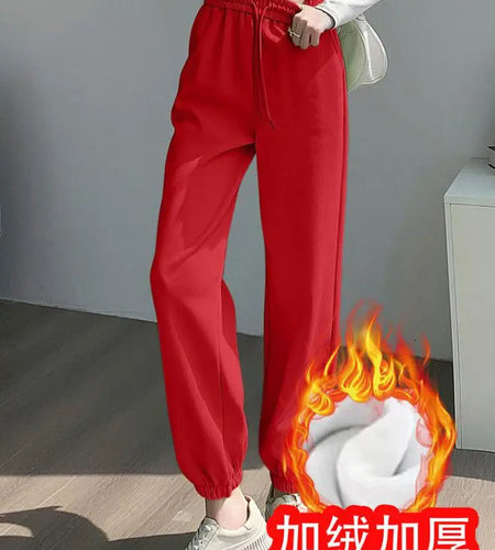 Solid 2023 Autumn Winter New Jogger Pants Women Velvet Drawstring Bandage Ankle-length Pants Casual Comfortable Plus Size Thick