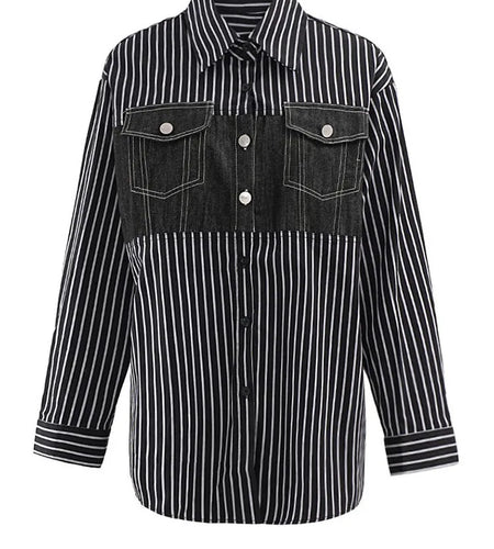 Women Black Striped Denim Spliced Big Size Blouse New Lapel Long Sleeve Shirt Fashion Tide Spring Autumn 2025 CP6A0001