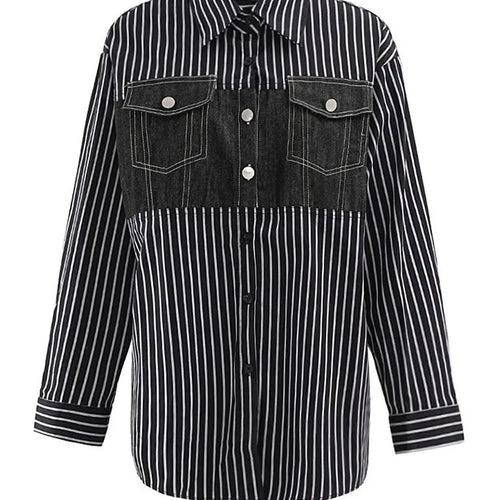 Load image into Gallery viewer, Women Black Striped Denim Spliced Big Size Blouse New Lapel Long Sleeve Shirt Fashion Tide Spring Autumn 2025 CP6A0001
