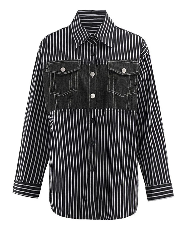 Women Black Striped Denim Spliced Big Size Blouse New Lapel Long Sleeve Shirt Fashion Tide Spring Autumn 2025 CP6A0001