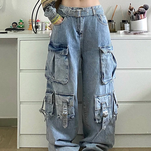 Load image into Gallery viewer, Patchwork Pockets Casual Loose Denim Pants For Women High Waist Spliced Belt Streetwear Cargo Jeans Female Fashion
