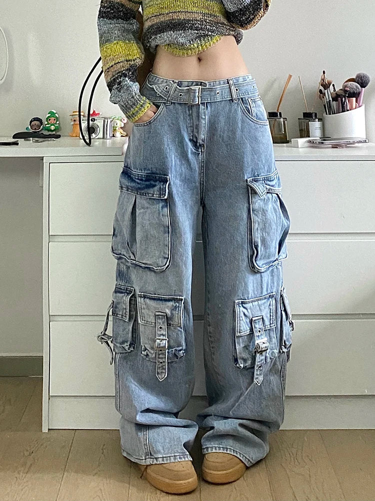 Patchwork Pockets Casual Loose Denim Pants For Women High Waist Spliced Belt Streetwear Cargo Jeans Female Fashion